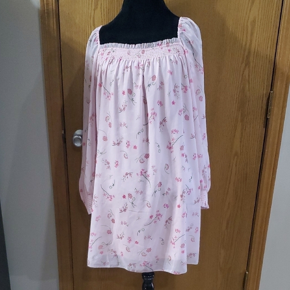 Wilfred Pink Babydoll Dress with Square Neck and Bishop Sleeves